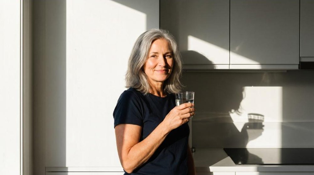 A healthy, smiling woman in her late 50s holding a glass of water in a bright kitchen